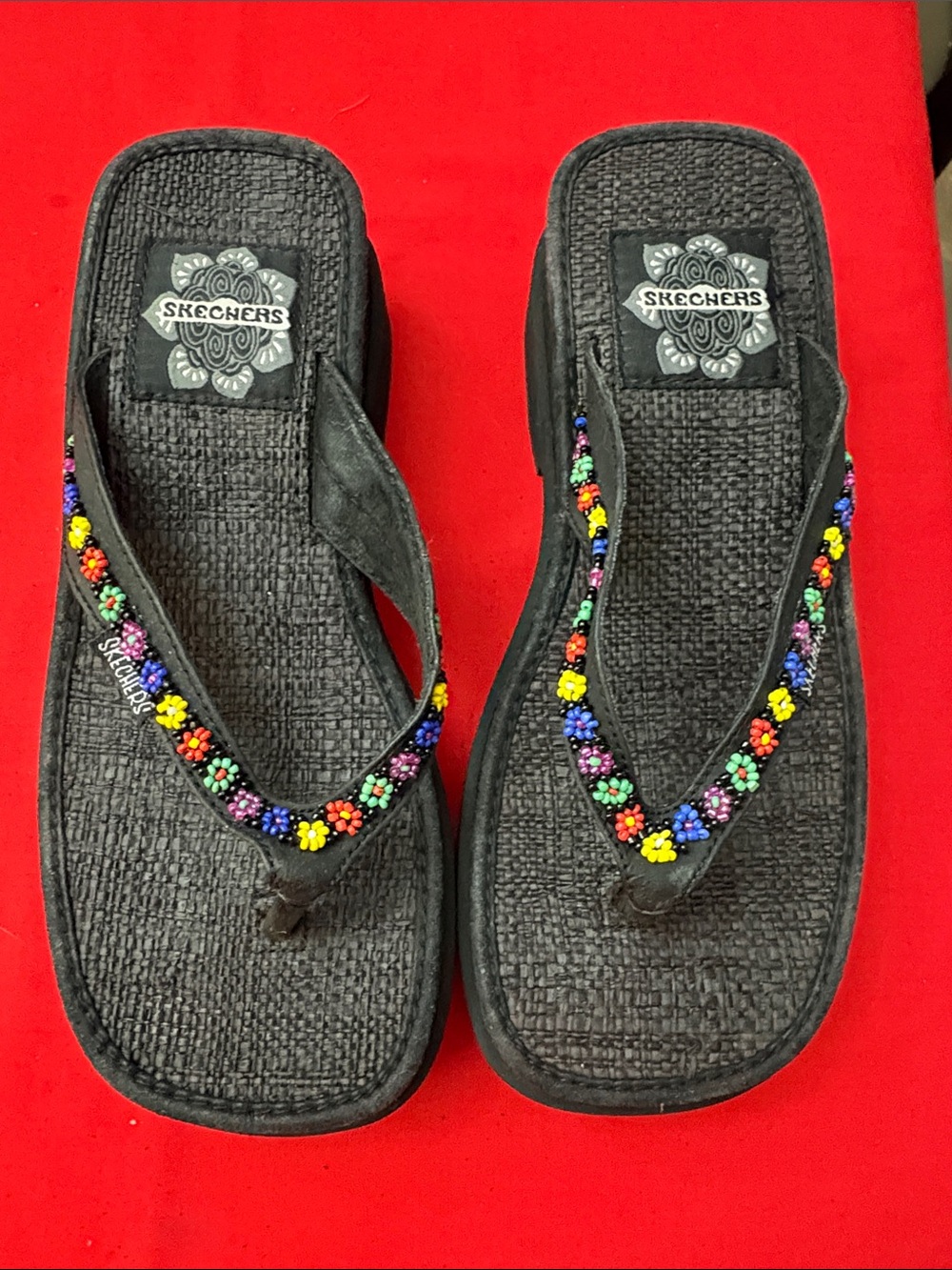 Skechers Black Floral Beaded Thong Sandals